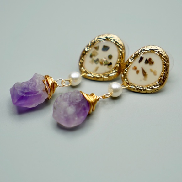 jewelry gold plated drop natural earrings amethyst - Picture 5 of 8